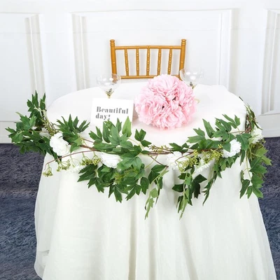 WHITE 6 ft long Silk Peony Flowers Garland with Leaves Bendable Wire Vine Home - Image 1 of 4