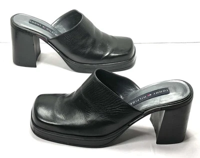 Tommy Hilfiger Vintage Platform Heel Clogs Black Leather Loafer Mules Size 10 US - Image 1 of 4