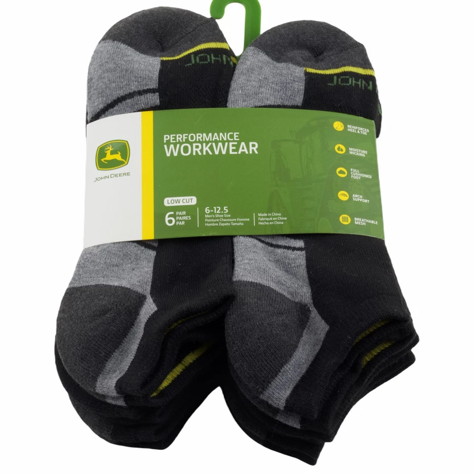 John Deere Performance Work Low Cut Socks Sz 8-12 Pair of 6 Black Gray - Image 1 of 1
