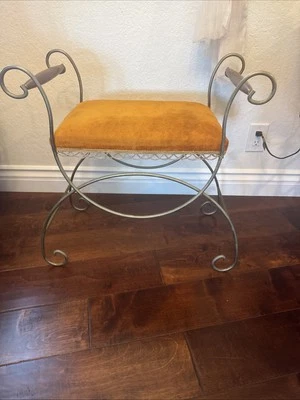 Vintage Hollywood Regency Style Vanity Stool Bench Gold / Fringe - Image 1 of 4