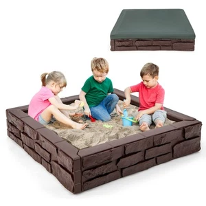 Kids Sandbox w/ Cover Bottom Liner Backyard Beach HDPE Sandpit for Outdoor Play - Picture 1 of 10