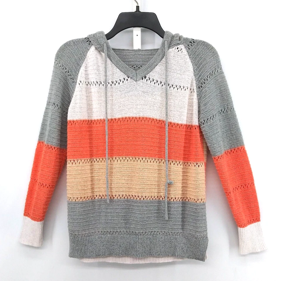 Womens Sweatshirt Size Small Gray Orange Striped Long Sleeve Pullover Hoodie - Image 1 of 4