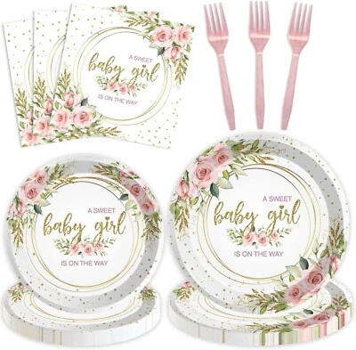 Vajilla de ducha desechable para bebé niña (platos, servilletas, tenedores) Foto 1 de 3