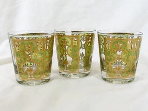 Culver 3 Lowball Rocks Whiskey Glasses Green Hollywood Regency 22k Gold - Picture 1 of 5