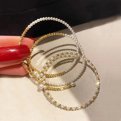 18K Gold Double Wrap Stack Bracelet Freshwater Pearl Bangle Open Beaded Bracelet - Imagem 1 de 4