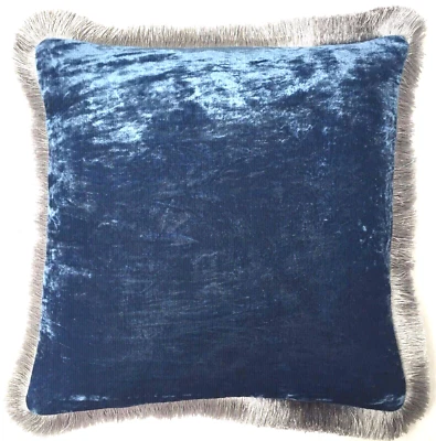 Anke Drechsel Cushion PLAIN Silver Fringe Cobalt Silk Velvet Kissen Blau Silber - Bild 1 von 4