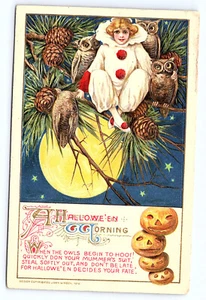 Tarjeta postal de Halloween NIÑA en traje de payaso búhos luna piñas Winsch Schmucker KB12 - Imagen 1 de 2