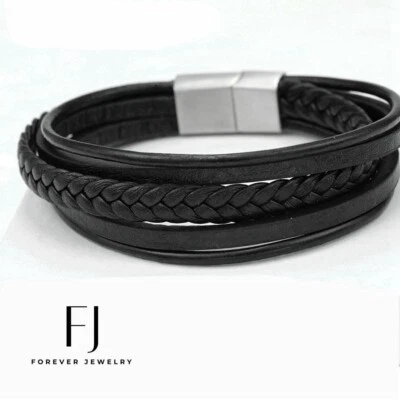 Men's Stainless Steel 8" Black Braided Leather Magnetic.Bracelet*Unisex..BOX - Image 1 of 3