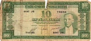 Billete Türkiye 10 Liras 1952 P156a - Imagen 1 de 2