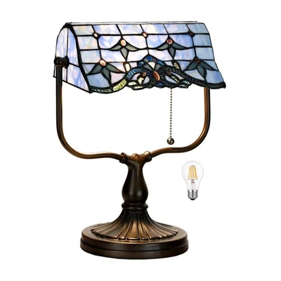 TL0031 巴洛克式蒂芙尼银行家台灯彩色玻璃蓝色灯罩带复古... — 第 1/4 张图片