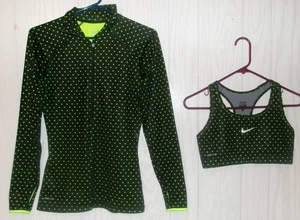 Nike Pro Dri-Fit Green Polka Dot 1/2 Zip Long Sleeve Shirt S Sports Bra M EUC - Picture 1 of 12