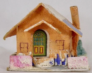 Christmas Putz House Orange Blue Roof Glitter Bottle Brush Tree Japan #41 - Picture 1 of 7