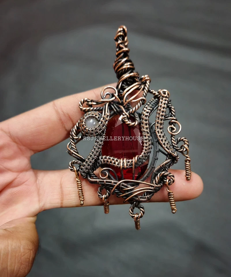 Colgante Granate Alambre de Cobre Envuelto Colgante Piedra Lunar Gema Colgante Joyería de Cobre Foto 1 de 4