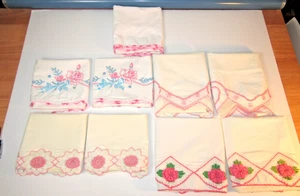 Lot 9 Mid Century Cotton Pillow Cases Pink Crochet Embroidery 4-Pairs & 1-Single - Picture 1 of 23