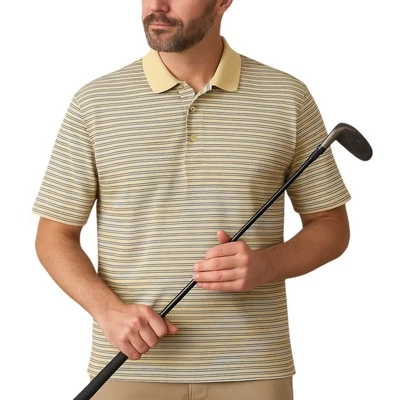 Fairway & Greene Men's Large All Cotton Golf Shirt Yellow Blue Beige Stripes - Image 1 of 4