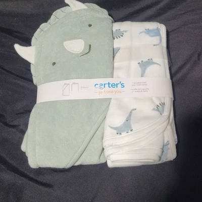 Carter’s 2-Pack Towel Set – Dinosaur Hooded Towel + Bath Towel for Baby & Todd - Image 1 of 4