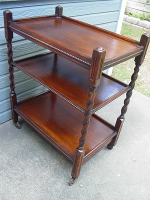 Older English Oak 3 Tier Tea Cart Tea Trolly W/Barley Twist Legs & Drawer - Image 1 of 4