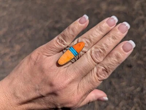 Anillo de ostra espinosa rojo y naranja navajo detalles ovalados incrustación joyería - Imagen 1 de 33