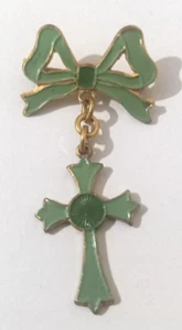 Brosche - Schleife & Kreuz - Gold Metall, grüne Emaille - Christentum, Vintage - Bild 1 von 2