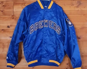 Majestic Jacket Adult LARGE Blue MILWAUKEE BREWERS Embroidered Satin AUTHENTIC - Picture 1 of 15