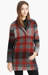 Burberry Brit RARE EUC Red Gray Tartan Plaid Print Button Wool Coat 10 L $1500 - Picture 1 of 6