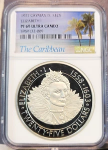 1977 CAYMAN ISLANDS SILVER 25 DOLLARS QUEEN ELIZABETH I NGC PF 69 ULTRA CAMEO - Picture 1 of 3