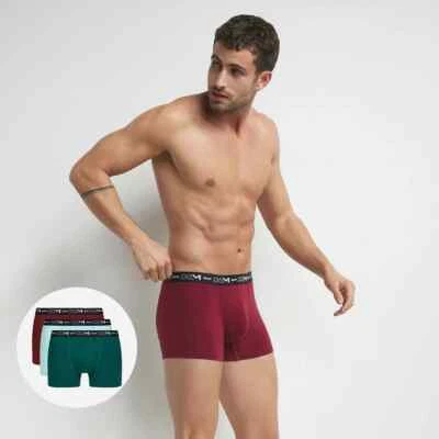 DIM 棉弹力平角裤(行李箱)3 件装 XL 码绿色/栗色/长蓝色法国品牌 — 第 1/3 张图片