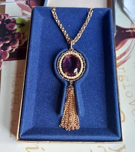 AVON Vintage Pendant Necklace Faux Pearl Amethyst Stone Tassel + Original Box 28 - Picture 1 of 6