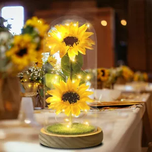 Sunflower in Glass Dome Eternal Forever Flower LED Light Valentine Wedding Gift - Picture 1 of 7