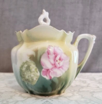 Antique R S Germany Mustard Pot: Green w/Pink Roses, Can Use for Sugar or Honey - Image 1 of 4
