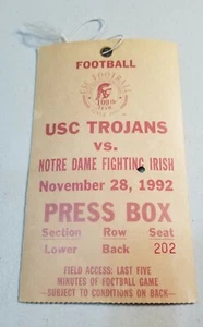Notre Dame USC Trojans 1992 Football Press Box Pass Rick Mirer Jerome Bettis Vtg - Picture 1 of 4