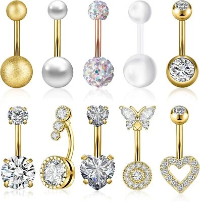 10Pcs Stainless Steel CZ Dangle Belly Button Rings Navel Rings Body Piercing 14G - Image 1 of 4