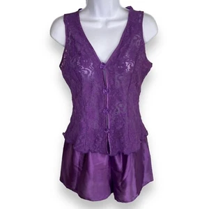 VTG Cinema Etoile Size Medium Sheer Lace Lingerie Top Short Set Purple Floral - Picture 1 of 12