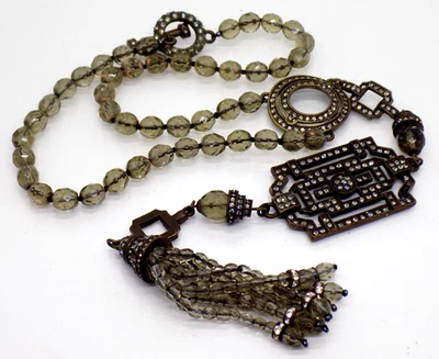 early Heidi Daus Green Taupe Crystal Extraordinary Deco Style Tassel Necklace - Image 1 of 4