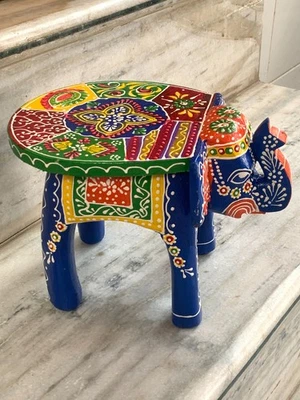 Handcrafted Elephant Stool  Indian Painted Wooden side Table Bench Home Decor - Image 1 of 4