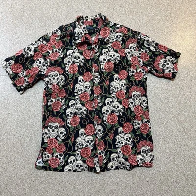 Y2K Men’s Handmade Cotton Button Down Shirt Sz Large Skulls Roses Biker - Image 1 of 4