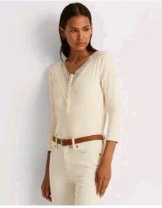 Lauren Ralph Lauren Women's Beige Lace-Trim Stretch Cotton Top - 3/4 Sleeve XXL  - Picture 1 of 16