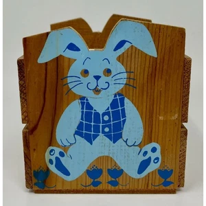 Vintage Easter Bunny Wood Crate, Blue Rabbit Box, Pom Pom Tail - Picture 1 of 4