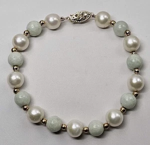 Vintage 14k Yellow Gold Cultured Pearl + Jade Bead Bracelet 7.5 In 8MM - Picture 1 of 4