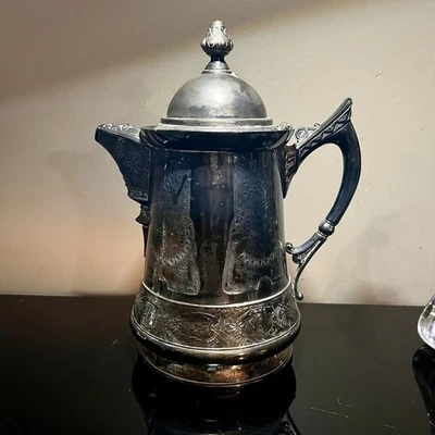 Engraved Ice Pitcher Antique Late 1800's Derby Quadruple Silver Plate Victorian - Image 1 of 4
