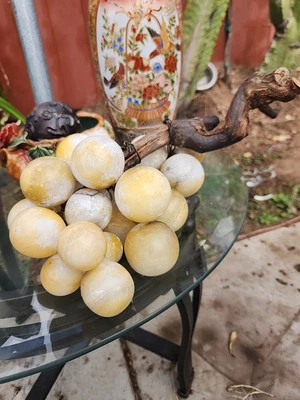 Vintage Midcentury Italian Alabaster Natural Stone Grape Cluster Wood Stem Heavy - Image 1 of 4