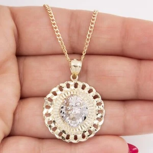 1 3/8" Lion Head Pendant & Chain Necklace Set Real 10K Yellow White Gold - Picture 1 of 5