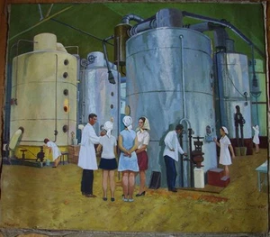 Pintura al óleo soviética ucraniana URSS realismo planta de molino de azúcar niña trabajadora - Imagen 1 de 12