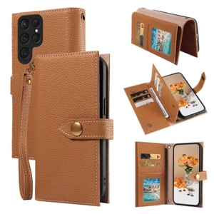 Echtleder Klapphülle Groß Kapazität Geldbeutel Magnet Ständer Tasche für SAMSUNG - Picture 1 of 13