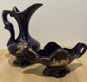 Cobalt Blue Ornate Peacock Jug & Bowl Set ~ Made In Japan ~ *Vintage* - Picture 1 of 8