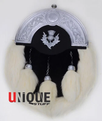 Men's Scottish Full Dress White & Black  Fur Kilt Leather Sporran Chain Belt - Image 1 of 3