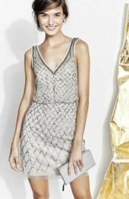 Adrianna Papell Beaded V-Neck Blouson Sheath Dress in Silver Size 4      #D100 - Image 1 of 4