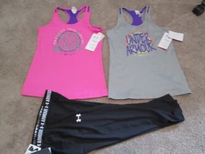 NEW Girls UNDER ARMOUR 3pc OUTFIT Black Capri UPF 30+2 TANK TOPS YXL FREE SHIP - Picture 1 of 10