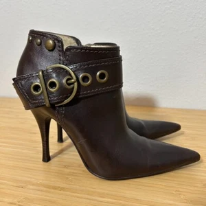 Carlos Avenger Point Toe Ankle Boots 9 Brown Stiletto Steampunk Buckle Biker - Picture 1 of 8