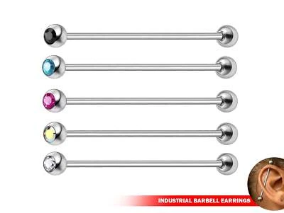 Industrial Barbell Earrings, Cartilage Jewelry, Helix Bar with Gem Ball Crystals - Image 1 of 4